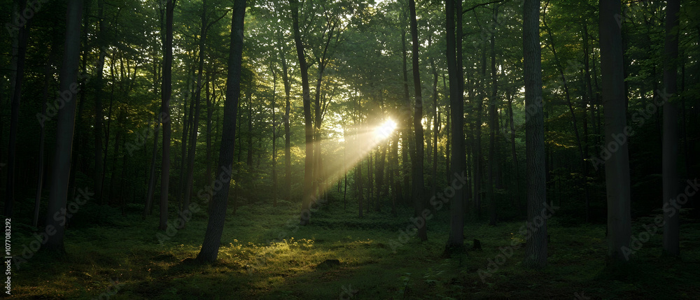 Fototapeta premium Sunlight streaming through a forest, creating a magical atmosphere.