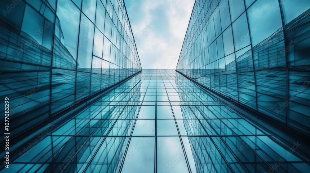 Obraz premium Symmetrical Glass Facades in Modern Architecture, showcasing sleek lines, reflective surfaces, innovative design principles, urban elegance, contemporary aesthetics