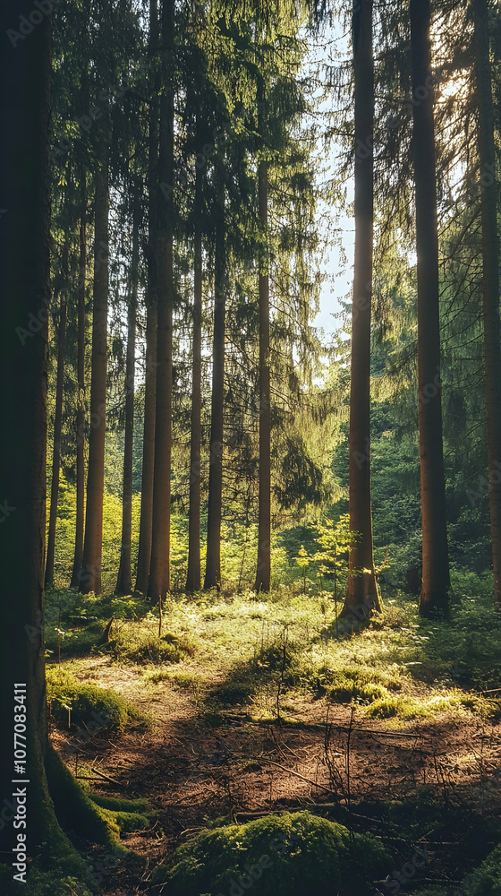 Fototapeta premium Sunlight streams through tall trees in a dense forest.