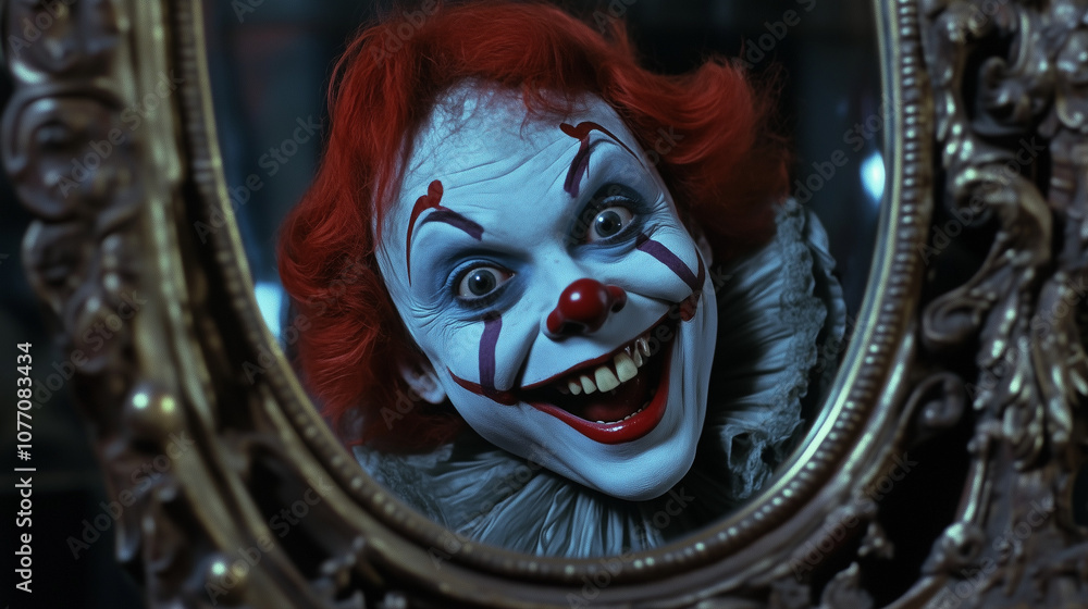 Fototapeta premium Psotny uśmiech klauna odbija się w ozdobnym lustrze, jego spojrzenie pełne tajemniczości i nieco złowrogiej zabawy.