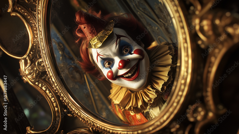 Fototapeta premium Psotny uśmiech klauna odbija się w ozdobnym lustrze, jego spojrzenie pełne tajemniczości i nieco złowrogiej zabawy.