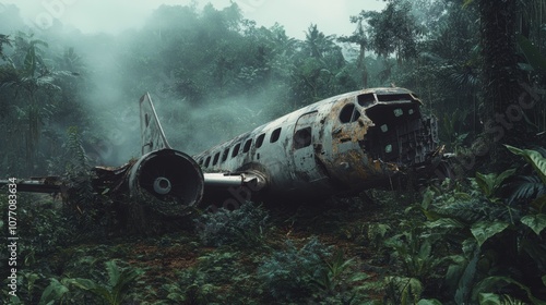 Wallpaper Mural Jungle Plane Wreckage, remnants of an aircraft scattered among thick foliage, a haunting reminder of a past disaster, nature reclaiming its space Torontodigital.ca