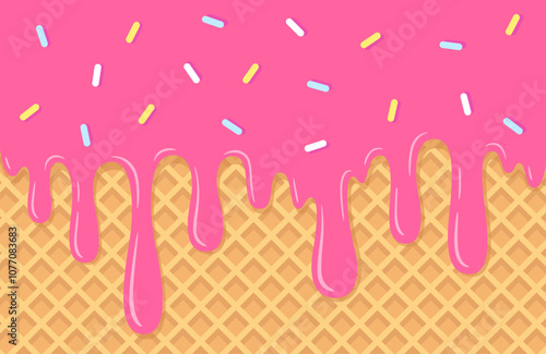 Melting ice cream with colorful candy sprinkles on wafer background. Waffle cone with dripping pink dessert texture. Sweet strawberry ice cream boarder. Vector illustration.