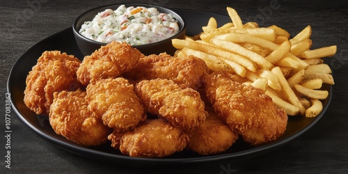 Crispy Fried Chicken Nuggets with Golden French Fries and Creamy Coleslaw Served on a Black Plate Against a Dark Background