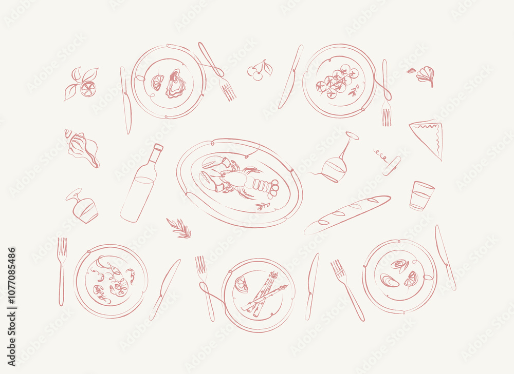 Seafood food plates collection oyster, shrimp, mussels, lobster, asparagus, tomatoes with fork and knife drawing with pink on beige background