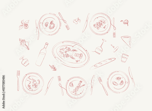 Obraz na płótnie Seafood food plates collection oyster, shrimp, mussels, lobster, asparagus, tomatoes with fork and knife drawing with pink on beige background w salonie