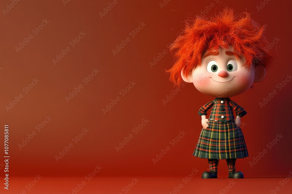 Fototapeta premium A playful cartoon girl with bright red hair and freckles, wearing a plaid dress, standing against a red background. Scottish culture