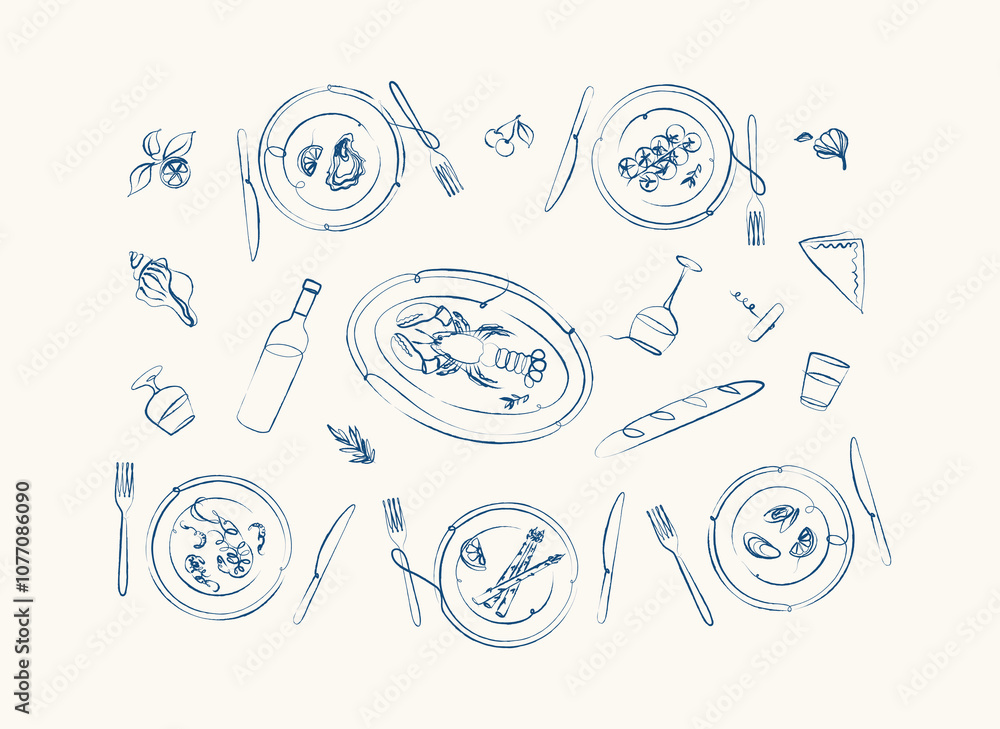 Seafood food plates collection oyster, shrimp, mussels, lobster, asparagus, tomatoes with fork and knife drawing with blue on beige background