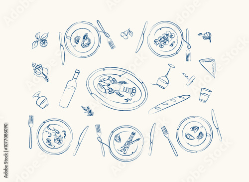 Obraz na płótnie Seafood food plates collection oyster, shrimp, mussels, lobster, asparagus, tomatoes with fork and knife drawing with blue on beige background w salonie