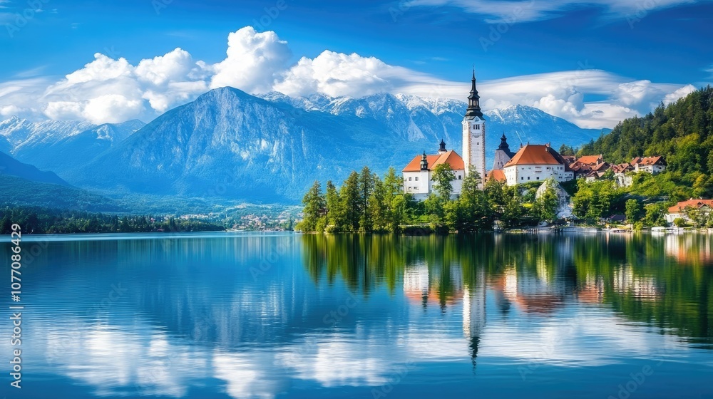 Castle by a serene lake, reflection creating a fairytale scene