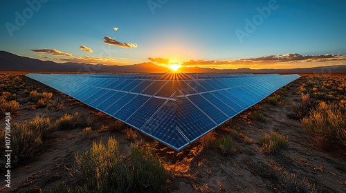 A vast solar panel array harnesses renewable energy as the sun rises, illuminating the expansive field of innovation photo