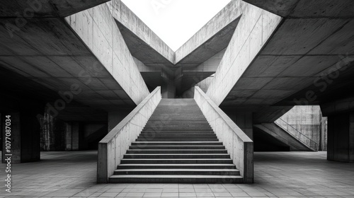 Symmetrical concrete staircases ascending towards a vibrant skyline, architectural elegance meets urban landscape, inviting exploration and admiration photo