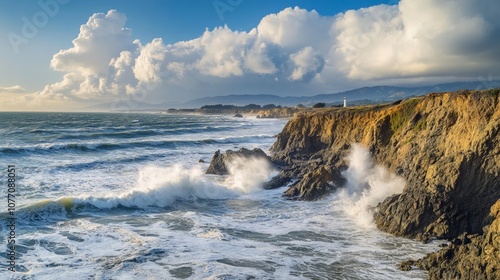 Coastal Cliffs and Lighthouse, stunning view of rugged cliffs with crashing waves, distant lighthouse stands sentinel, vibrant sea and sky create a breathtaking scene photo