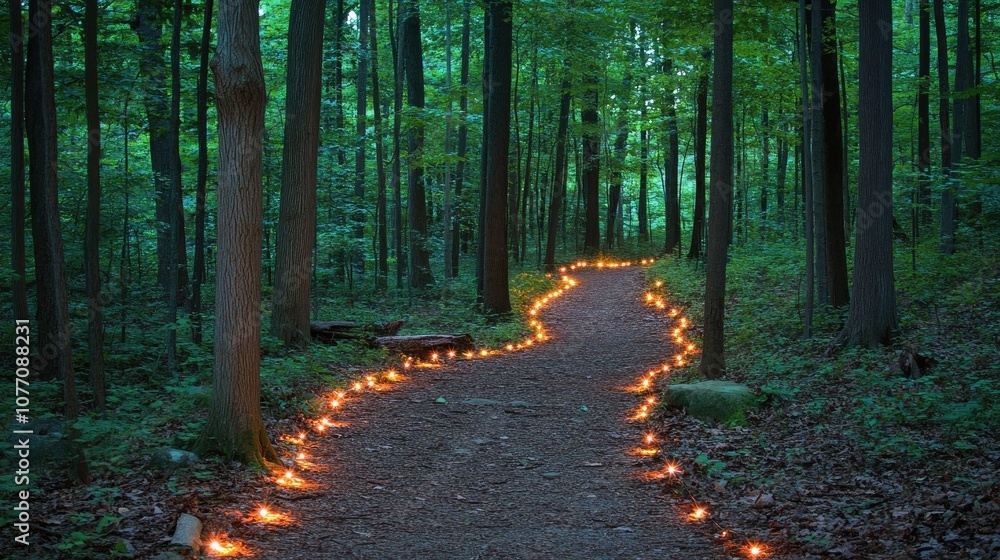 Obraz premium Fairy tale forest with gentle lights illuminating path