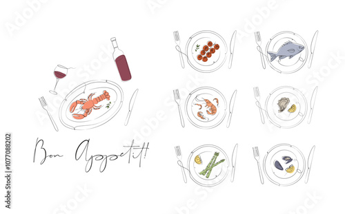 Obraz na płótnie Seafood food plates collection oyster, shrimp, mussels, lobster, asparagus, tomatoes with fork, knife and inscription bon appetit drawing with color on white background w salonie