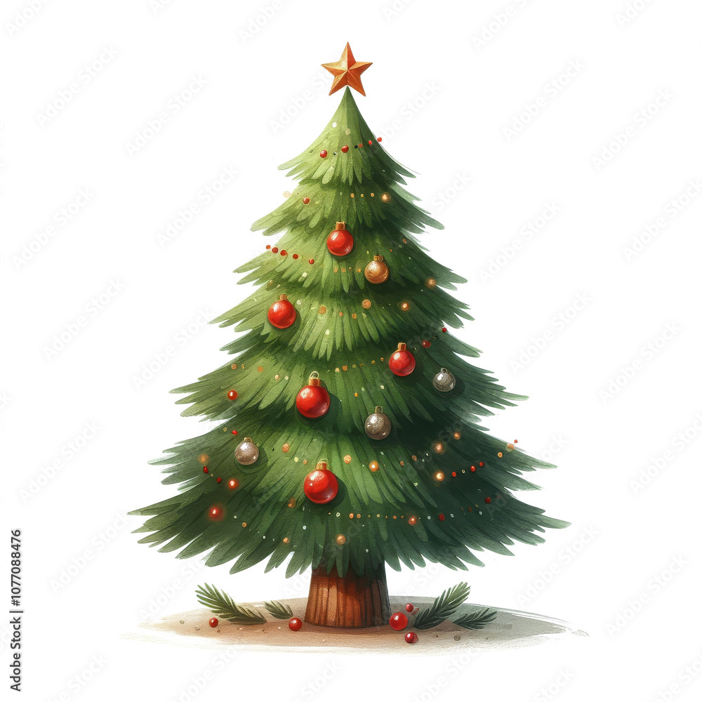 An illustrated Christmas tree, dressed in red ornaments and glowing string lights, with a sparkling star at the top, set against a peaceful snowy backdrop.