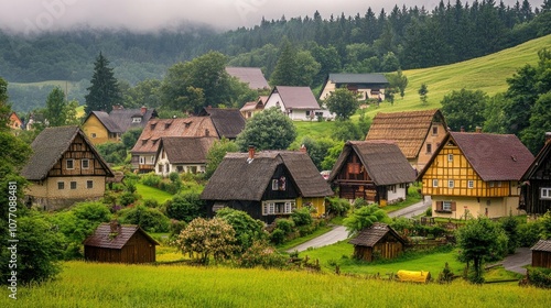 Fairy tale village with thatched roofs, nestled in lush valley