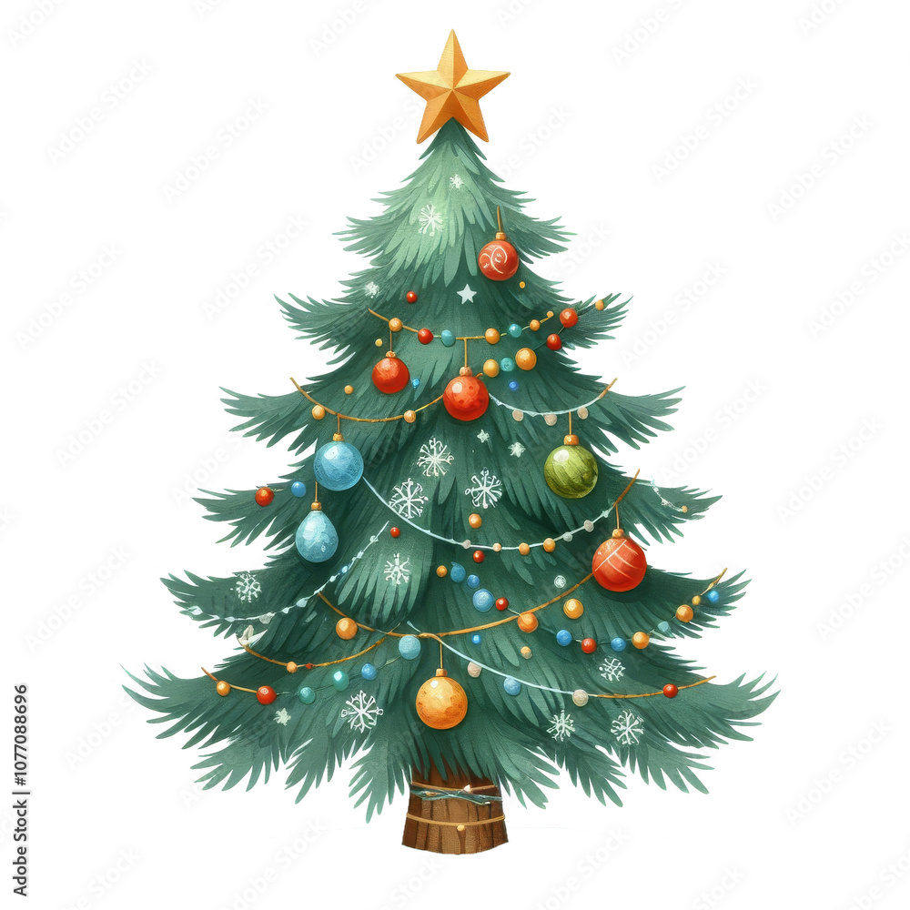 A magical Christmas tree illustration featuring red decorations, delicate string lights, and a gleaming star topper, nestled on a soft, snowy surface.