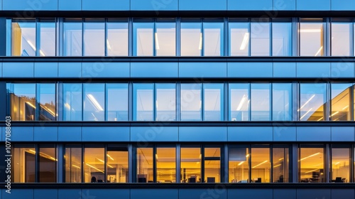 Symmetrical office building exterior, sleek design, reflective glass surfaces, modern architecture, urban landscape, contemporary style photo