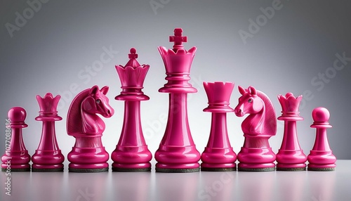 a set of fusia pink chess pieces are lined up on a grey background photo