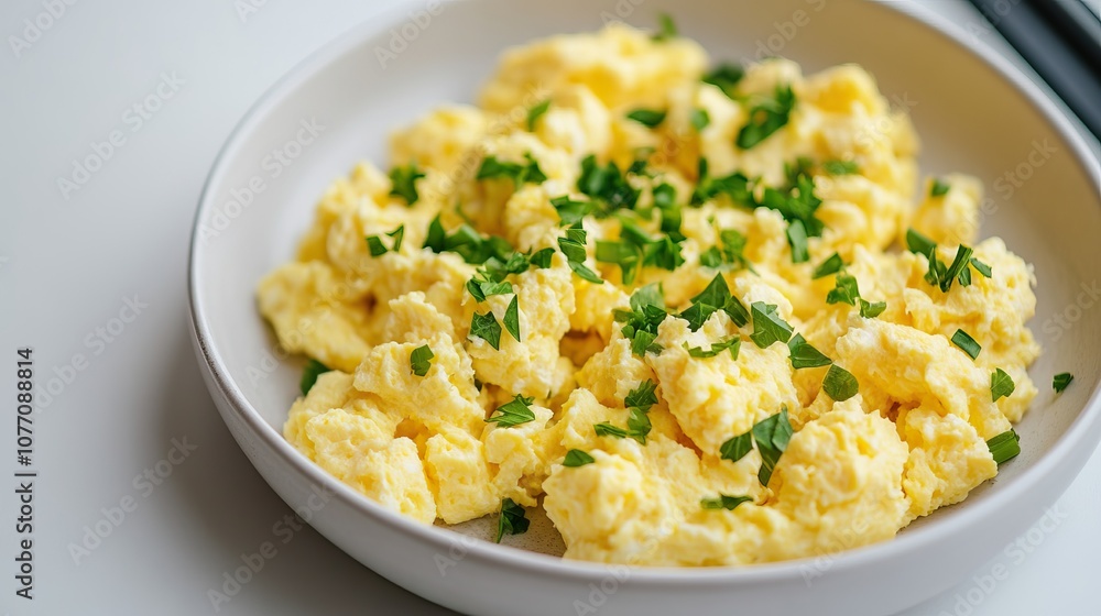 Creamy scrambled eggs garnished with fresh herbs, served in a bowl, showcasing a delicious and inviting breakfast option. Creamy scrambled eggs garnished with fresh herbs, served in a bowl, showcasing a delicious and inviting breakfast option.