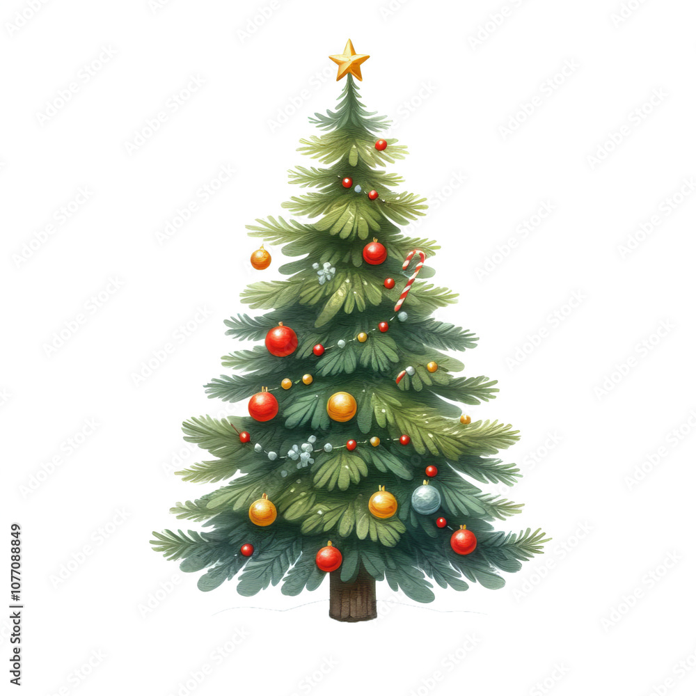 A festive Christmas tree illustration, adorned with shimmering red ornaments, glowing lights, and topped with a radiant star, resting beautifully on snowy ground.