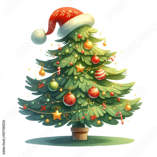 A colorful Christmas tree decorated with ornaments, lights, and a Santa Claus hat on top, set against a plain background.