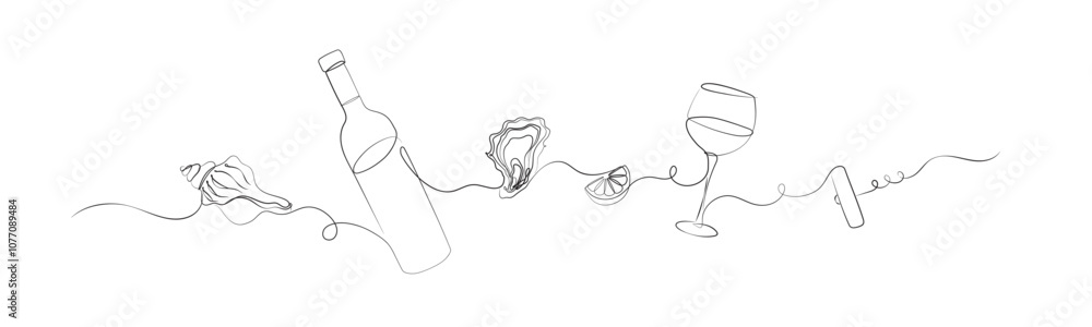 Seafood linear silhouette illustration with seashell, bottle of wine, oyster, lemon, glass, corkscrew drawing on white background
