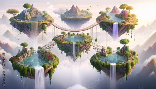 A series of fantacy playful floating verdant islands suspended in mid-air