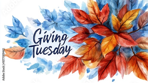 Beautiful Giving Tuesday card featuring watercolor leaves and vibrant fall colors for celebration and giving