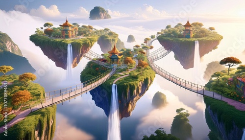 A series of fantacy playful floating verdant islands suspended in mid-air