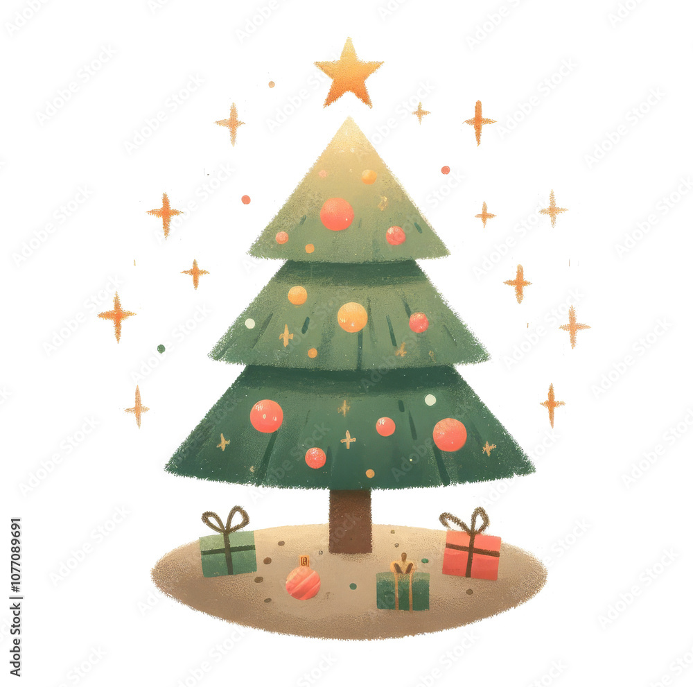 Festive illustration of a decorated Christmas tree with ornaments, star topper, surrounded by sparkling stars and presents on the ground.