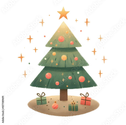 Obraz na płótnie Festive illustration of a decorated Christmas tree with ornaments, star topper, surrounded by sparkling stars and presents on the ground. w salonie