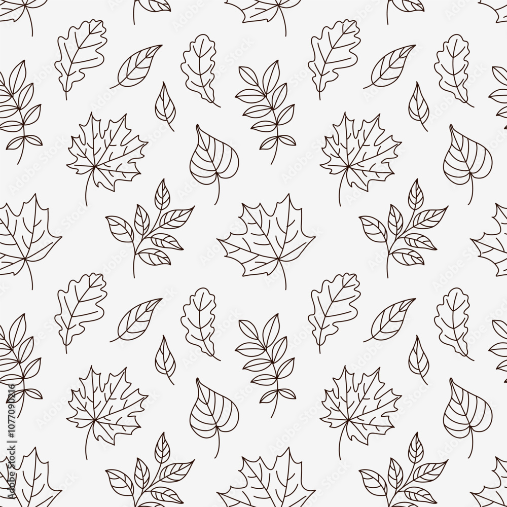 Fototapeta premium Seamless pattern with beautiful decorative leaves silhouette. Wallpaper with abstract line autumn leaves on white background. Vector stock illustration.