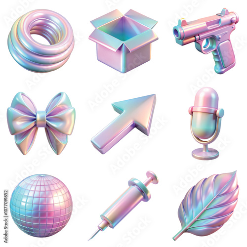 Collection of iridescent 3d icons including box, gun, bow, arrow, microphone, disko ball, syringe, leaf