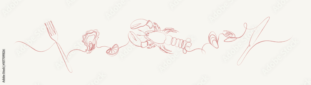Seafood linear silhouette illustration with fork, oyster, lemon, mussel, knife drawing on beige background
