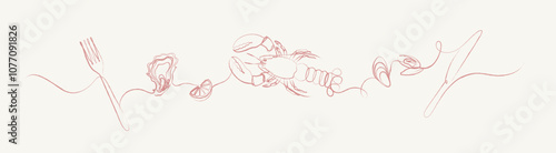 Obraz na płótnie Seafood linear silhouette illustration with fork, oyster, lemon, mussel, knife drawing on beige background w salonie