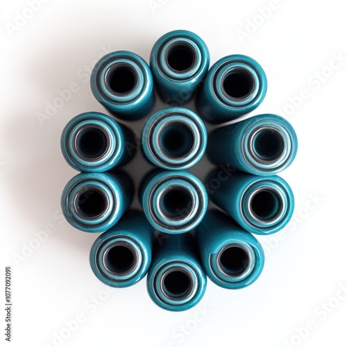 Teal skateboard bearings stacked in a circular pattern photo