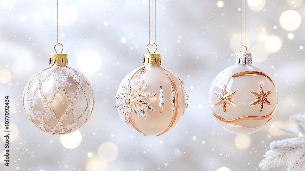Elegant white and gold christmas ornaments hanging on a snowy background Elegant white and gold christmas ornaments hanging on a snowy background