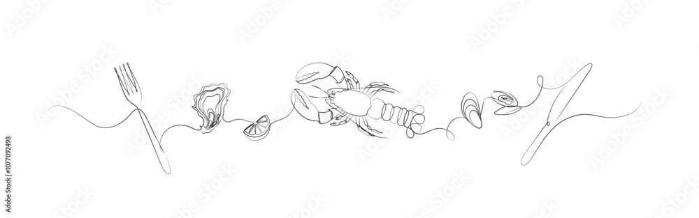 Seafood linear silhouette illustration with fork, oyster, lemon, mussel, knife drawing on white background