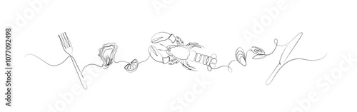 Obraz na płótnie Seafood linear silhouette illustration with fork, oyster, lemon, mussel, knife drawing on white background w salonie