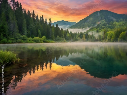 Serene Mountain Lake at Sunrise with Fog