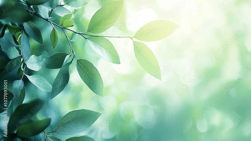 Fototapeta premium Fresh Green Leaves on Branch with Soft Light