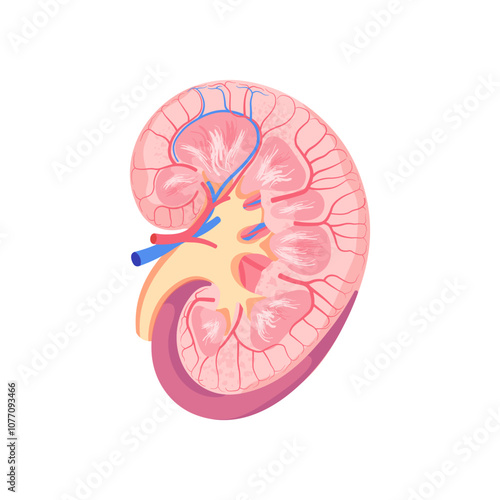 Detailed Kidney Anatomy Illustration. Cross-Section Showing Renal Cortex, Medulla, Pelvis, and Vascular Structure