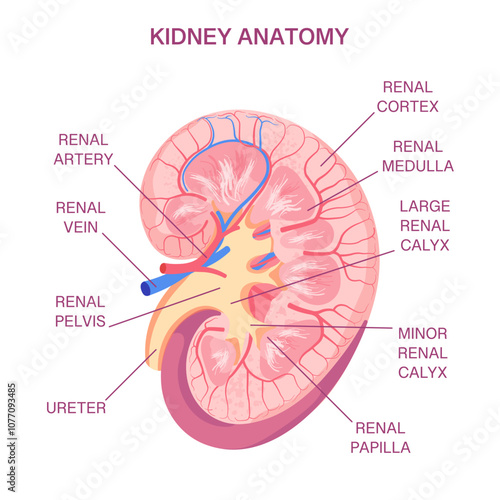 Labeled Kidney Anatomy Professional Diagram. Detailed Cross-Section with Renal Cortex, Medulla, Pelvis, Calyces, Artery, and Vein