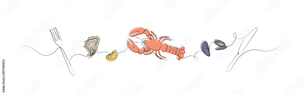 Seafood linear silhouette illustration with fork, oyster, lemon, mussel, knife drawing with color on white background