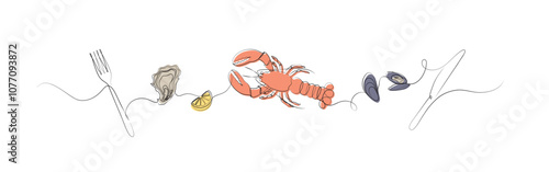 Obraz na płótnie Seafood linear silhouette illustration with fork, oyster, lemon, mussel, knife drawing with color on white background w salonie