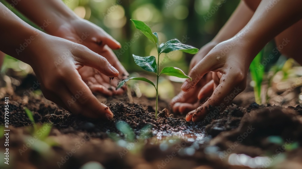 Fototapeta premium Hands gently planting seeds in rich, moist soil, showcasing the vital relationship between water and the nurturing of new life, symbolizing growth and renewal