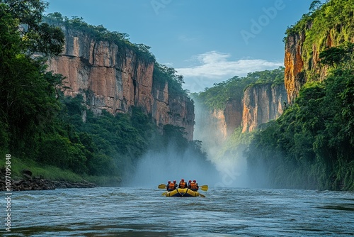 Rafting through a misty canyon with steep rock cliffs photo