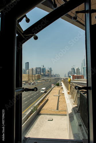 High-angle view of cars and vehicles on Skeikh Zayed Road in Dubai City, United Arab Emirates. photo